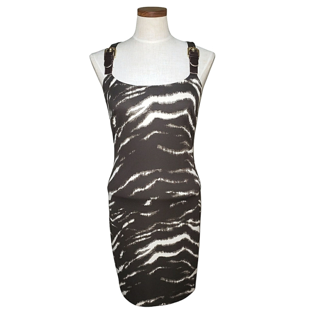 Michael Kors Buckle Straps Brown & Cream Zebra Print Sheath Mini Dress Small NWT